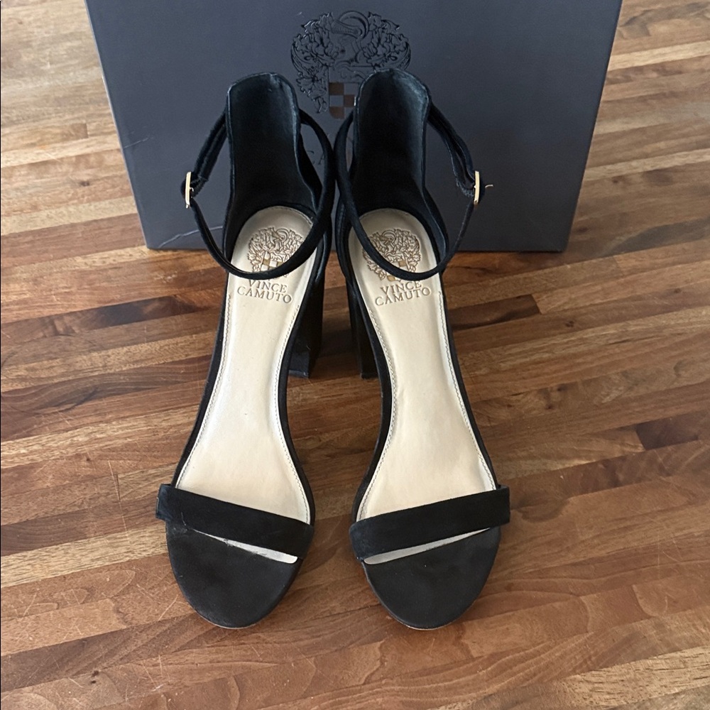 Vince Camuto Beah Black Luxe Kid Suede Ankle Strap Heels SZ10